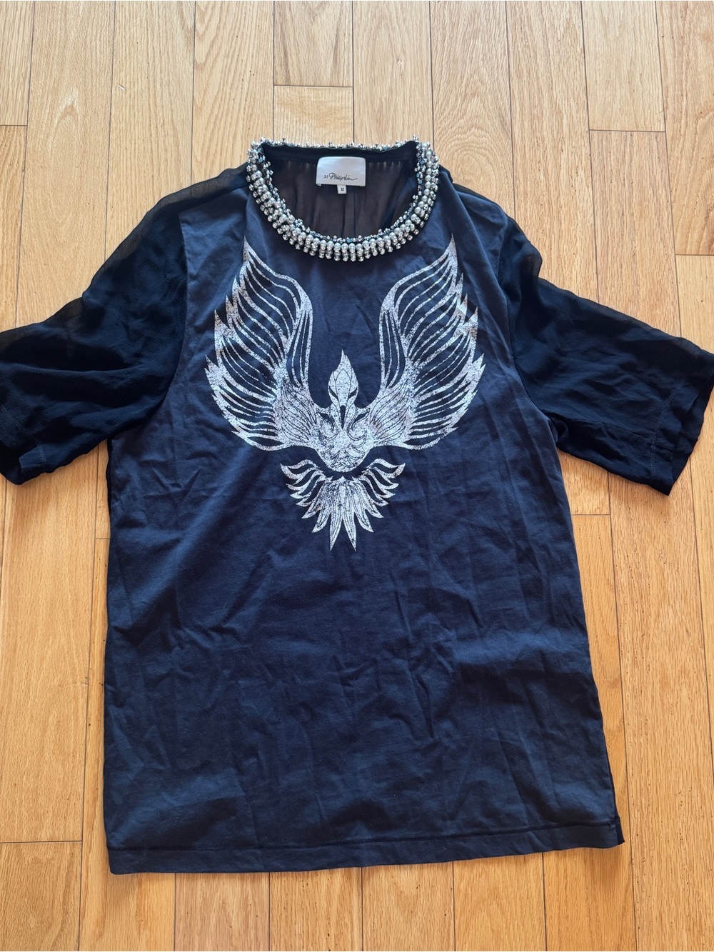 3.1 Phillip Lim Dark grey Tee with Silver and Pearl Beaded Neckline